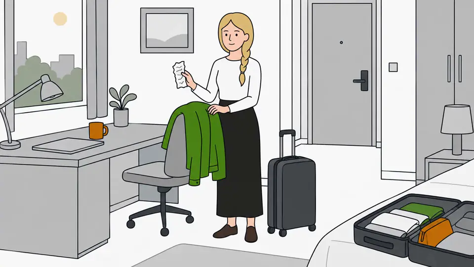 Business traveler packing a suitcase and holding a receipt